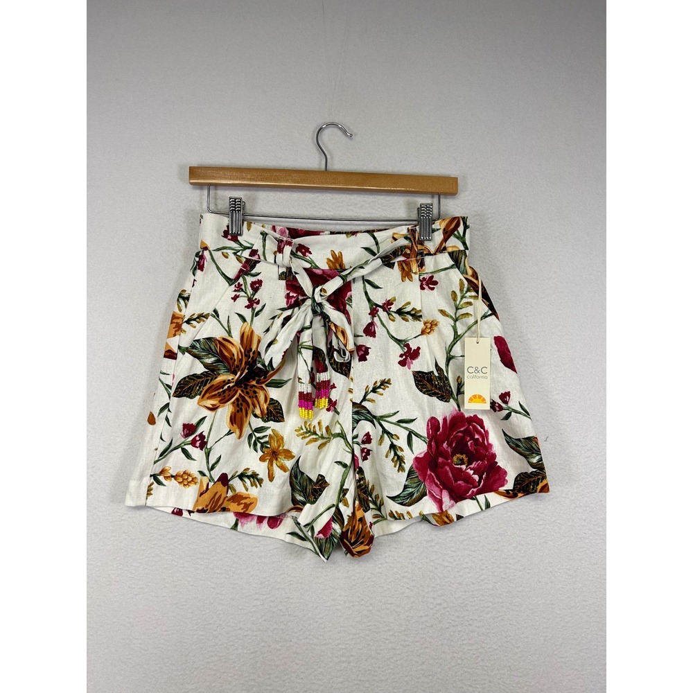 Boho Tropical NWTC&C California Women 4 Cream Floral High Rise Beaded Tie Shorts
